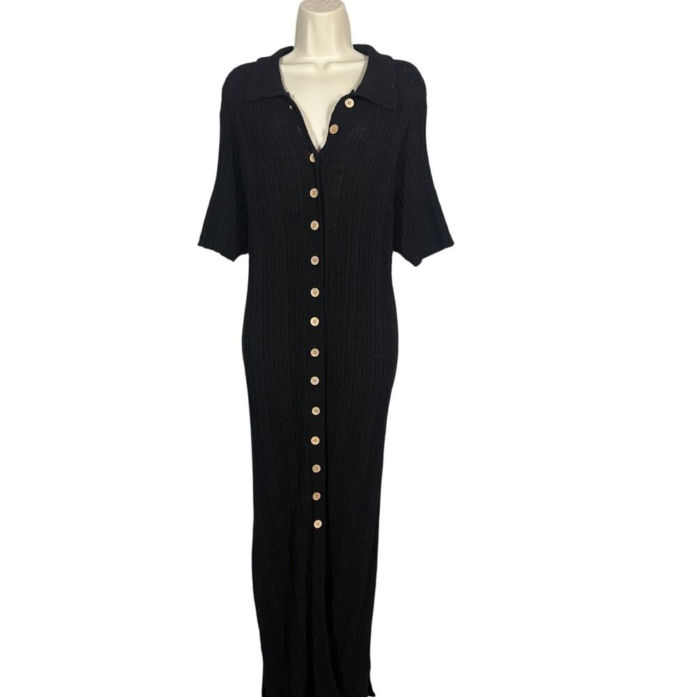 NEW! Free People FP Beach Knit Maxi Dress Short Sleeve Semi Sheer Black - L